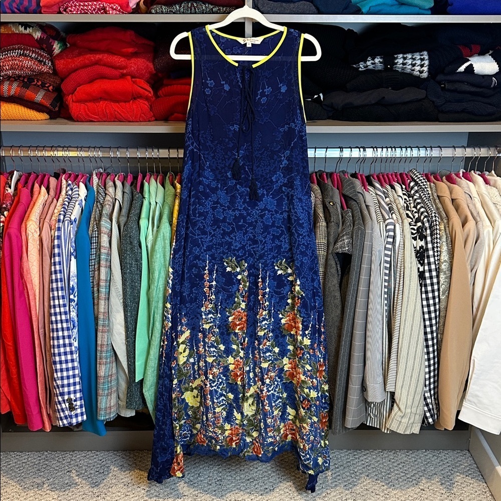 Smith Williams blue/yellow floral sleeveless front tassel tie maxi dress size S